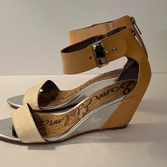Sam Edelman Sophie Wedge Sandal Open Toe Tan Silver Cream Ankle Strap Women 8.5M - Picture 3 of 14